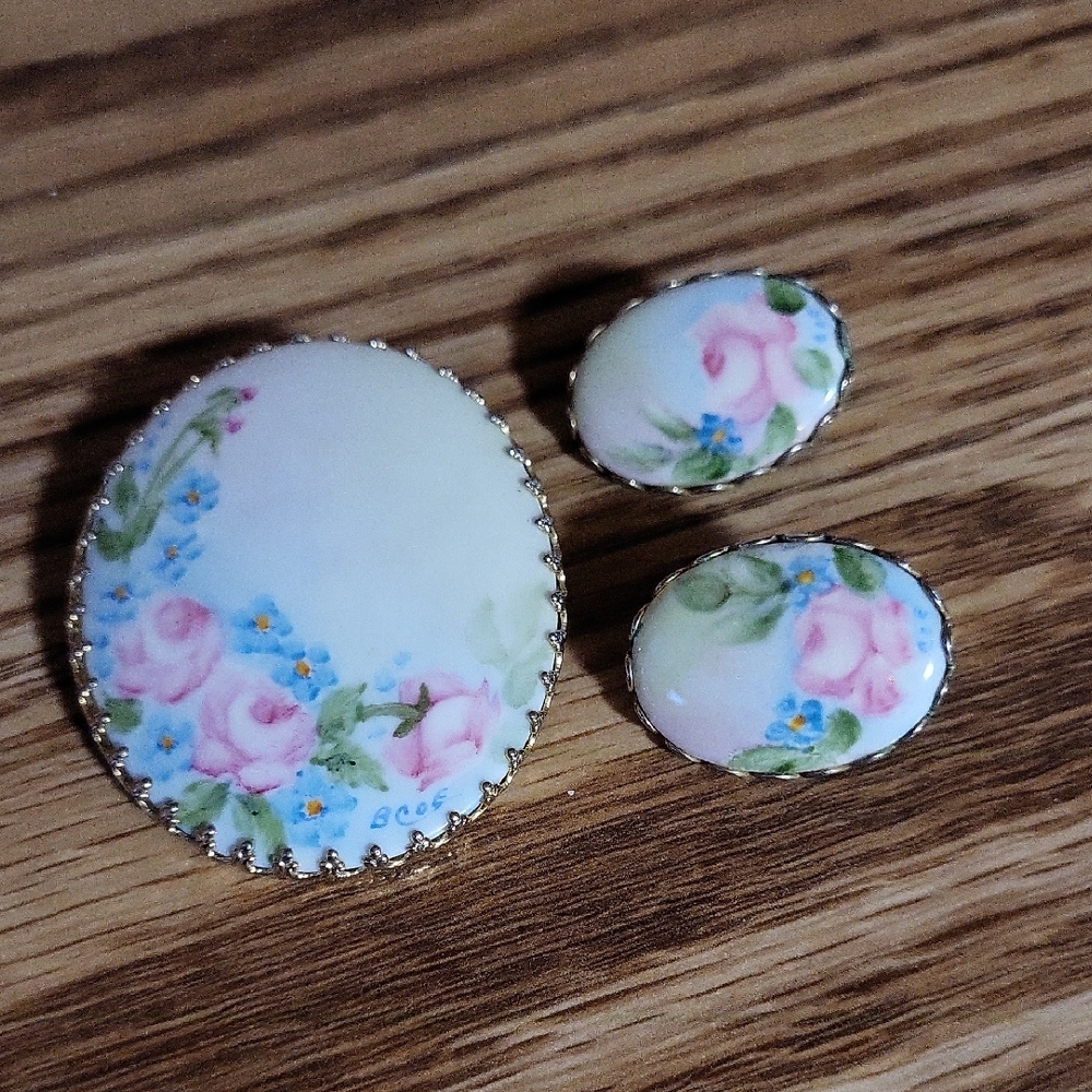 Vintage porcelain hand painted Floral Jewelry Set signed BCOE